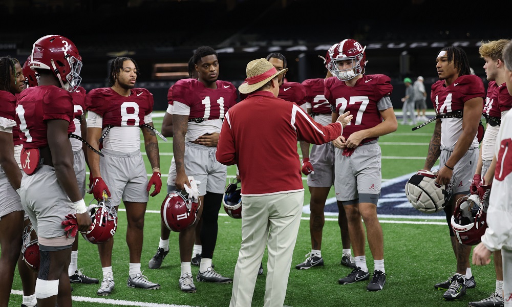 Alabama Head Coach Nick Saban coaches the team during Sugar Bowl practice at Caesars Superdome in New Orleans, LA on Wednesday, Dec 28, 2022.