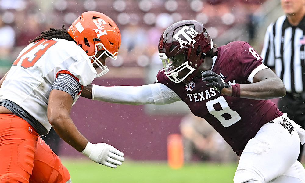 Sep 3, 2022; College Station, Texas, USA; Texas A&M Aggies defensive lineman Anthony Lucas (8) and Sam Houston State Bearkats offensive lineman Moses Johnson (73) in action during the second half at Kyle Field. Mandatory Credit: Maria Lysaker-USA TODAY Spor