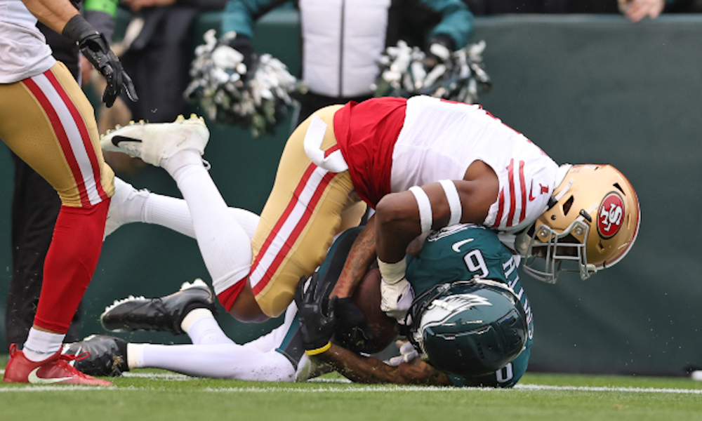 Eagles' WR DeVonta Smith with a reception over 49ers DB Jimmie Ward in Sunday's NFC Championship Game.