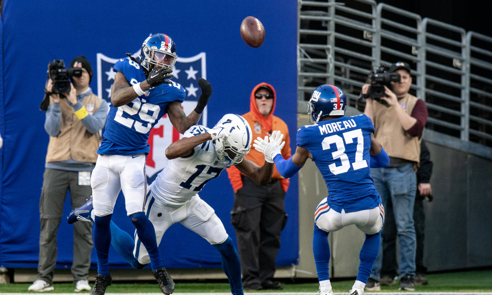 New York Giants safety Xavier McKinney (#29) defending a pass against the Colts on Sunday.