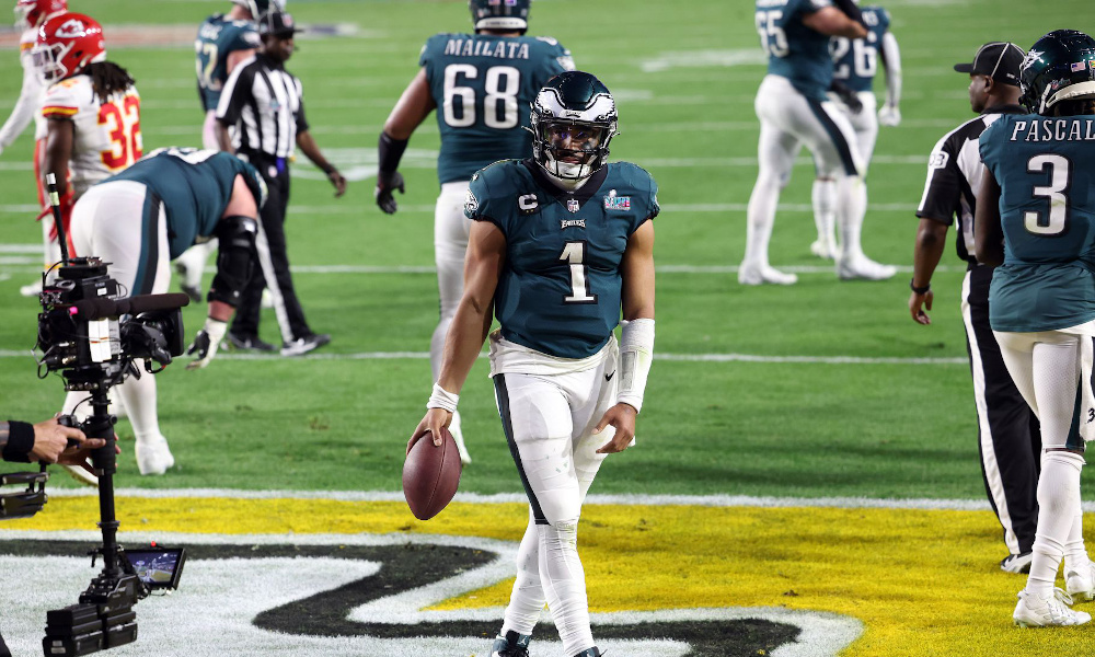 Eagles quarterback Jalen Hurts (#1) celebrates a rushing touchdown in Super Bowl LVII against Kansas City.