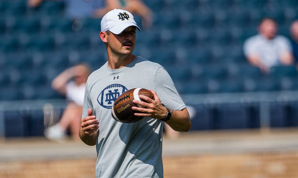 Notre Dame OC Tommy Rees on the practice field for the Irish during 2021 season.