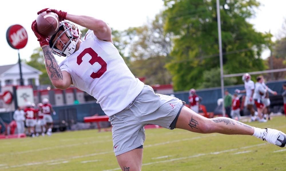 Alabama wide receiver Jermaine Burton (3) makes a catch during practice at Thomas-Drew Practice Fields in Tuscaloosa, AL on Monday, Mar 20, 2023.