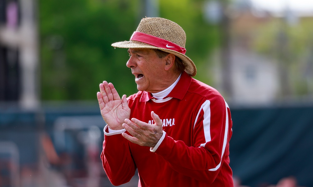 Alabama Head Coach Nick Saban coaches during practice at Thomas-Drew Practice Fields in Tuscaloosa, AL on Monday, Mar 20, 2023.