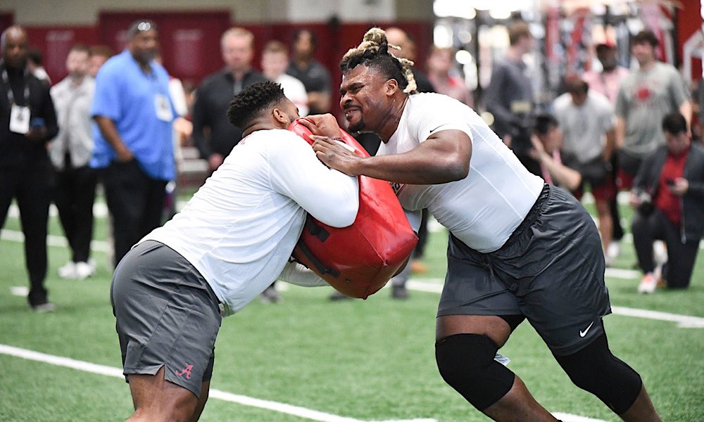 DJ Fluker goves through one-on-one blocking drill at Pro Day