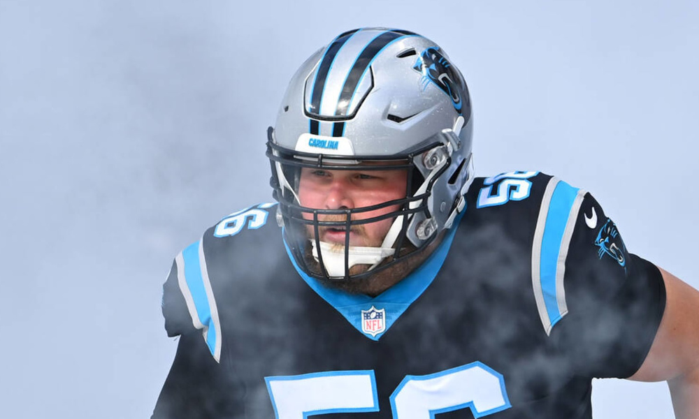 Carolina Panthers OL Bradley Bozeman comes out of the tunnel during 2022 season.