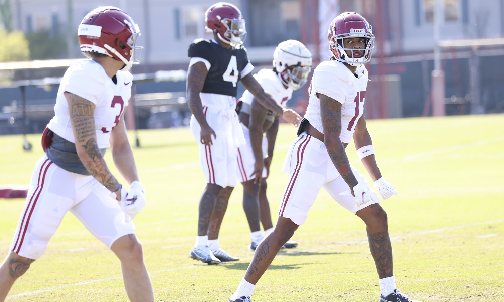 Alabama wide receiver Isaiah Bond (17) checks the line during NCAA at Thomas-Drew Practice Fields in Tuscaloosa, AL on Thursday, Mar 30, 2023.