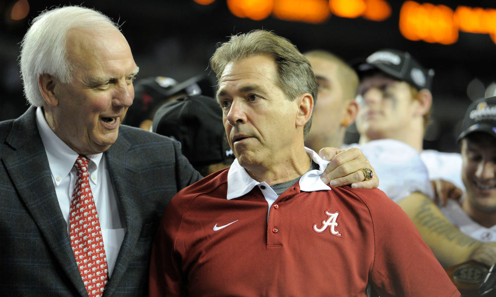 Mal Moore, in his time as Alabama's AD, congratulates Nick Saban on Alabama winning the 2012 SEC Championship Game.