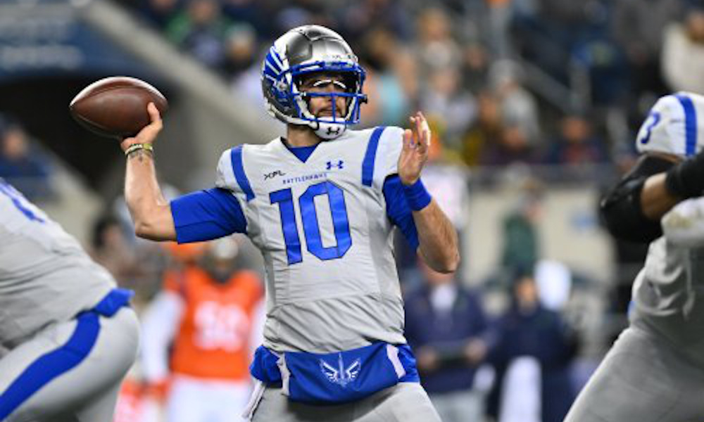 AJ McCarron (#10) attempts a pass for St. Louis Battlehawks in XFL Game.