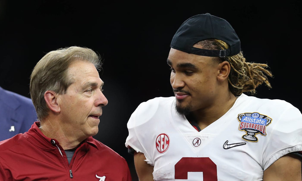 Nick Saban and Jalen Hurts celebrate 2017 CFP Semifinal victory over Clemson in the Allstate Sugar Bowl.