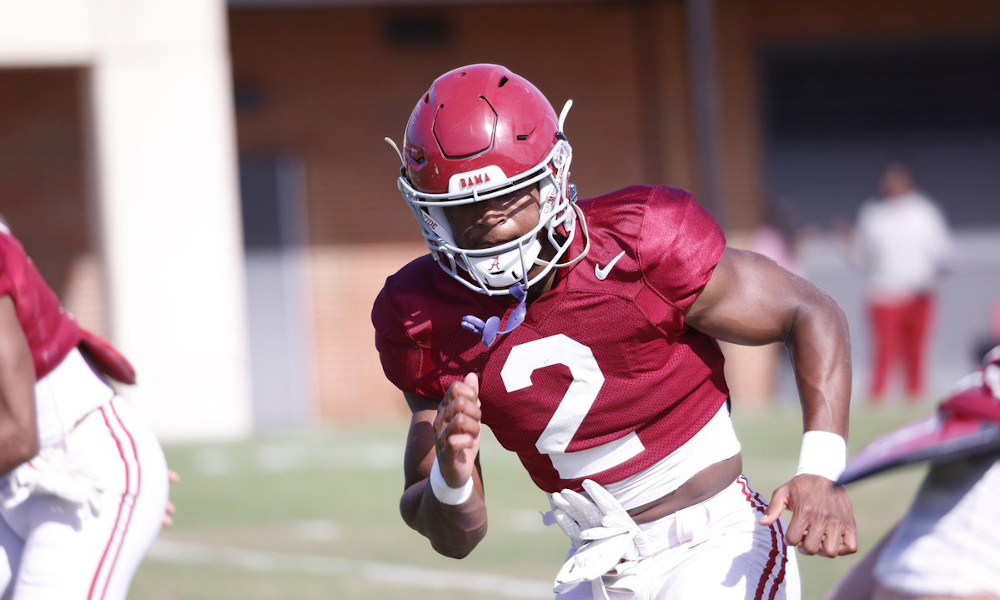 Alabama freshman DB Caleb Downs (#2) going through spring practice for the Crimson Tide.