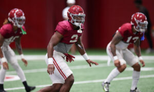 Alabama freshman DB Caleb Downs (#2) going through drills in spring practice.