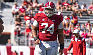 Alabama freshman OL Kadyn Proctor (#74) during the Crimson Tide's spring game.