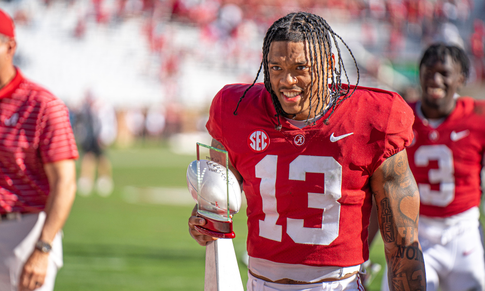 Alabama DB Malachi Moore (#13) earns Dixie Howell Memorial Award for being MVP of spring game.