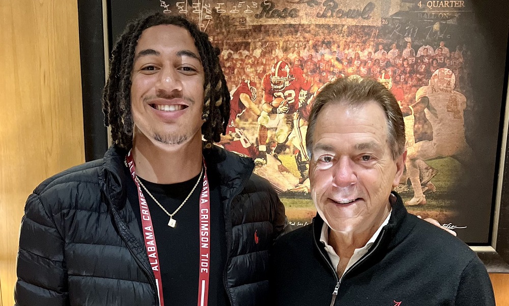 Peyton Woodyard and Nick Saban during Alabama viist