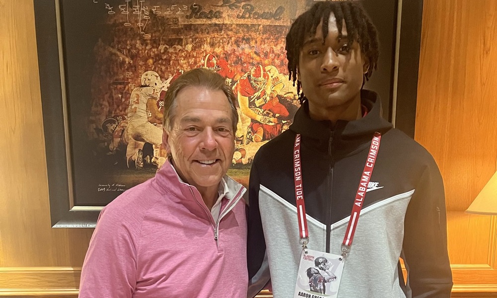 Aaron Gregory and Nick Saban during Alabama visit