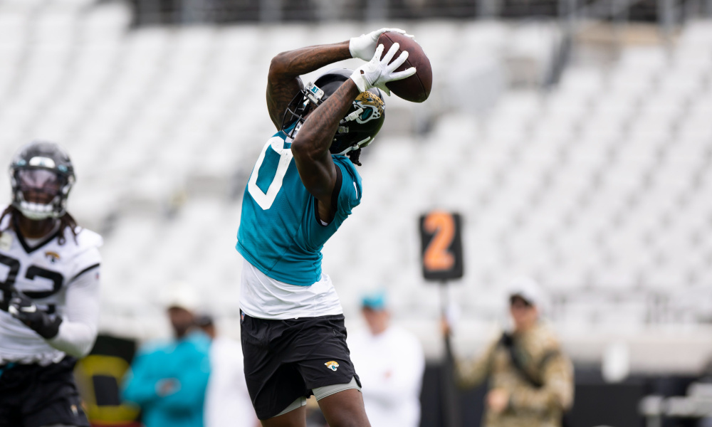 Jaguars wide receiver Calvin Ridley (#0) going through OTAs for the team.