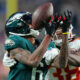DeVonta Smith makes a catch against the Chiefs in the Super Bowl