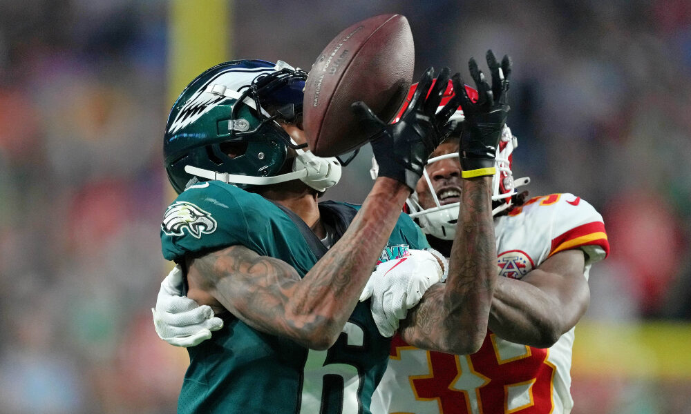 DeVonta Smith makes a catch against the Chiefs in the Super Bowl