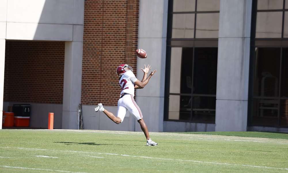 Alabama wide receiver Jalen Hale makes a catch during Practice at Thomas-Drew Practice Fields in Tuscaloosa, AL on Tuesday, Apr 18, 2023.