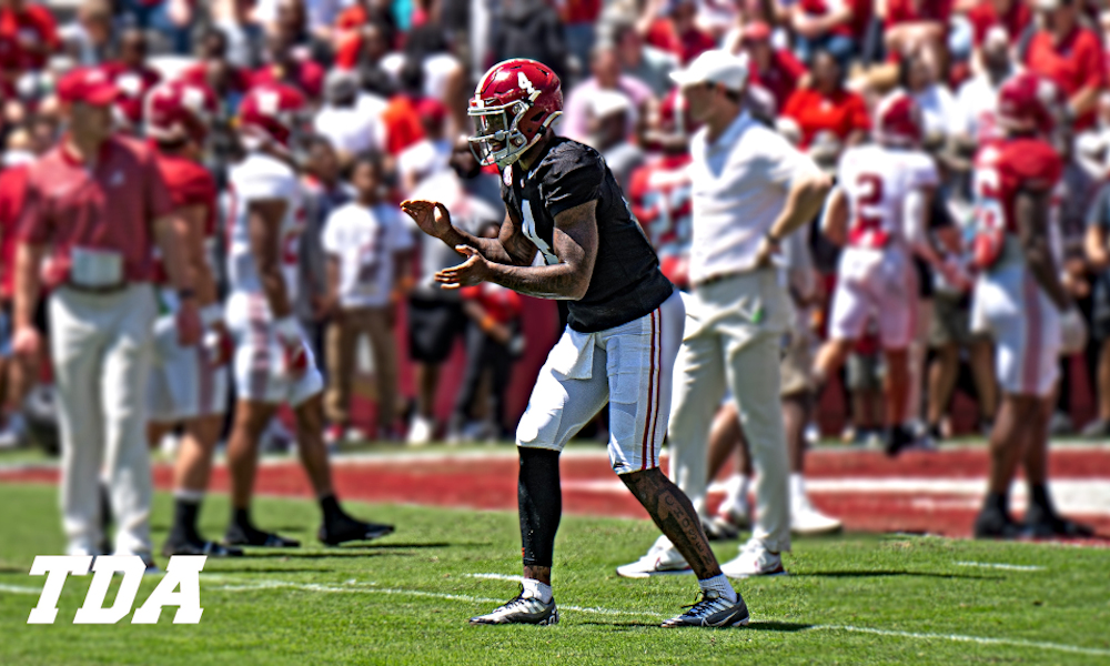 Alabama QB Jalen Milroe (#2) in warmups before the 2023 spring game.