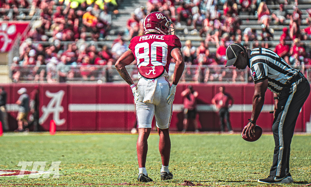Alabama WR Kobe Prentice (#80) on the field during the A-Day game.