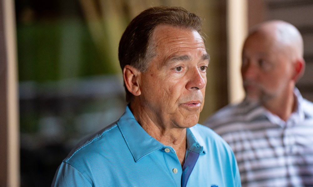 Alabama head coach Nick Saban speaking to reporters during his annual Nick's Kids event in Birmingham at the Old Overton Golf Course.