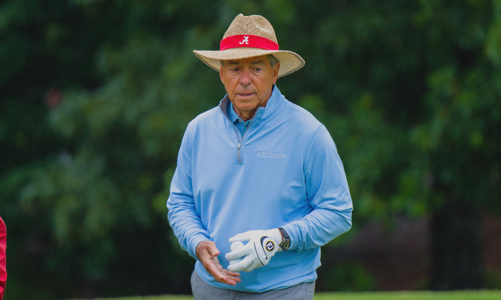 Alabama head coach Nick Saban during his golfing warmup at Tuesday's Nick's Kids event from Birmingham.