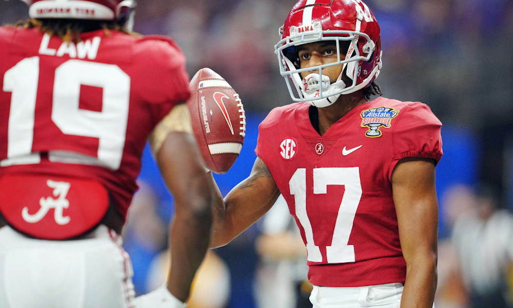 Alabama WR Isaiah Bond (#17) celebrates a touchdown catch versos Kansas State in the 2022 Allstate Sugar Bowl.