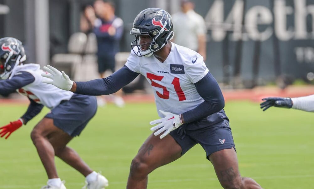 Texans rookie DE Will Anderson Jr. (#51) going through drills at mandatory minicamp.