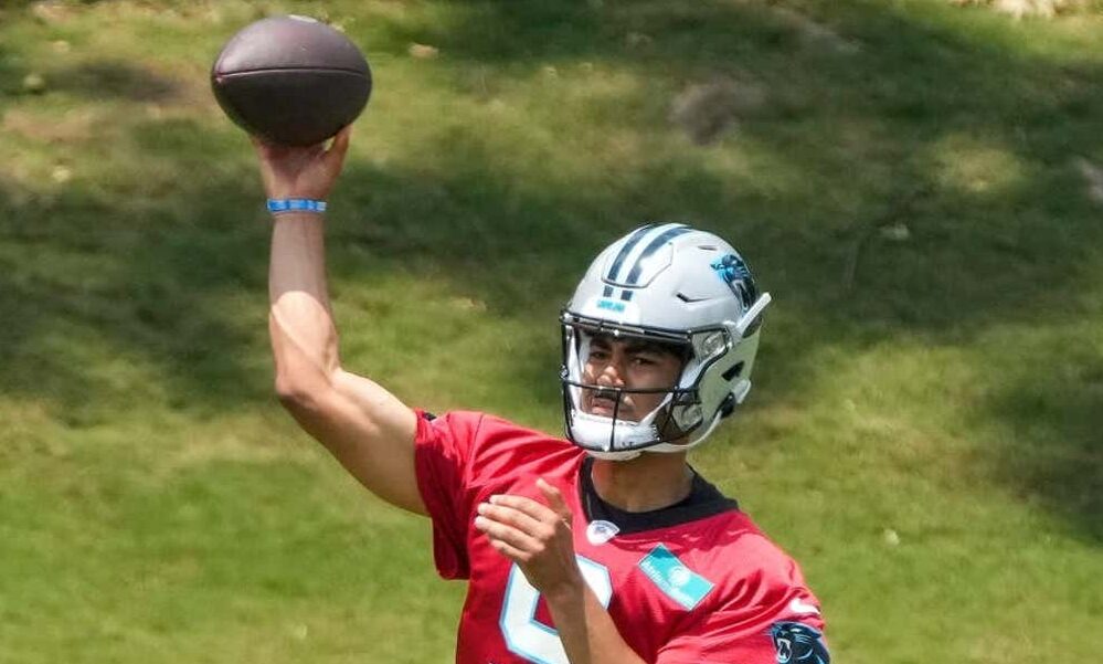 Bryce Young (#9) throwing passes in rookie minicamp for the Carolina Panthers.