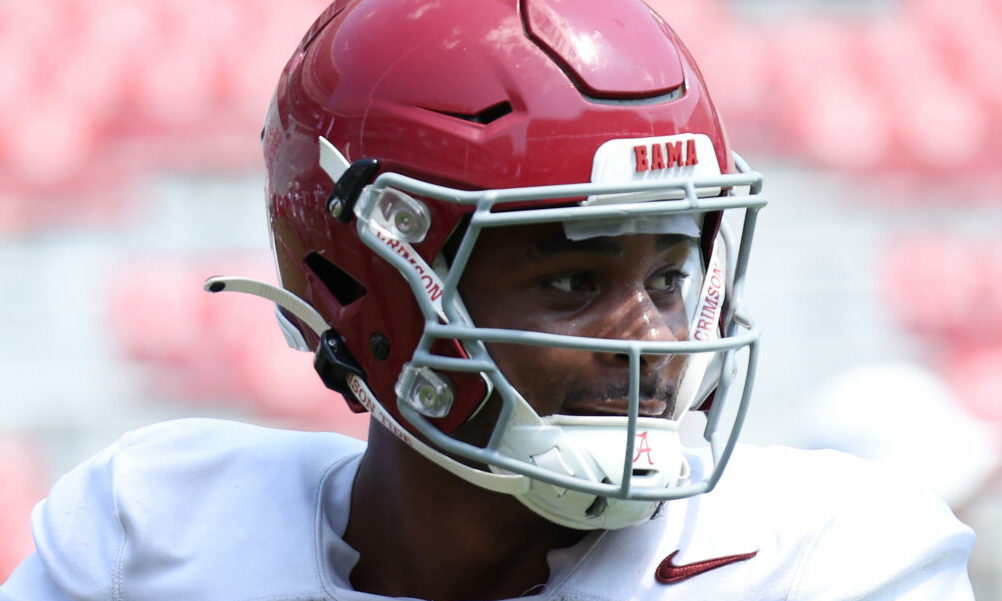 Alabama WR Shazz Preston (#18) on the field in preseason camp.