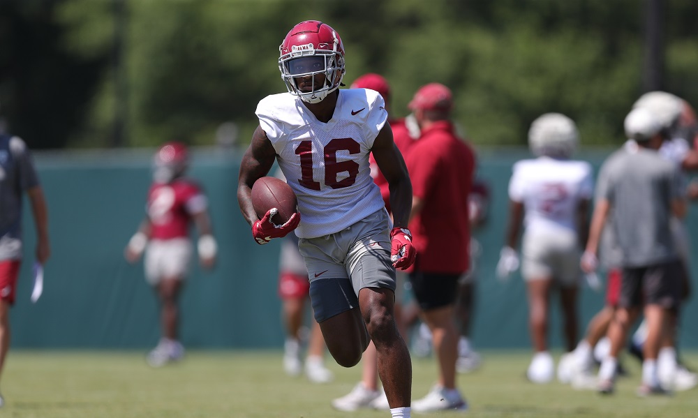 Alabama WR Jaren Hamilton (#16) catching a pass during Crimson Tide practice in 2023.