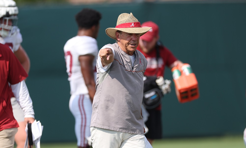 Nick Saban points to a drill at Alabama practice