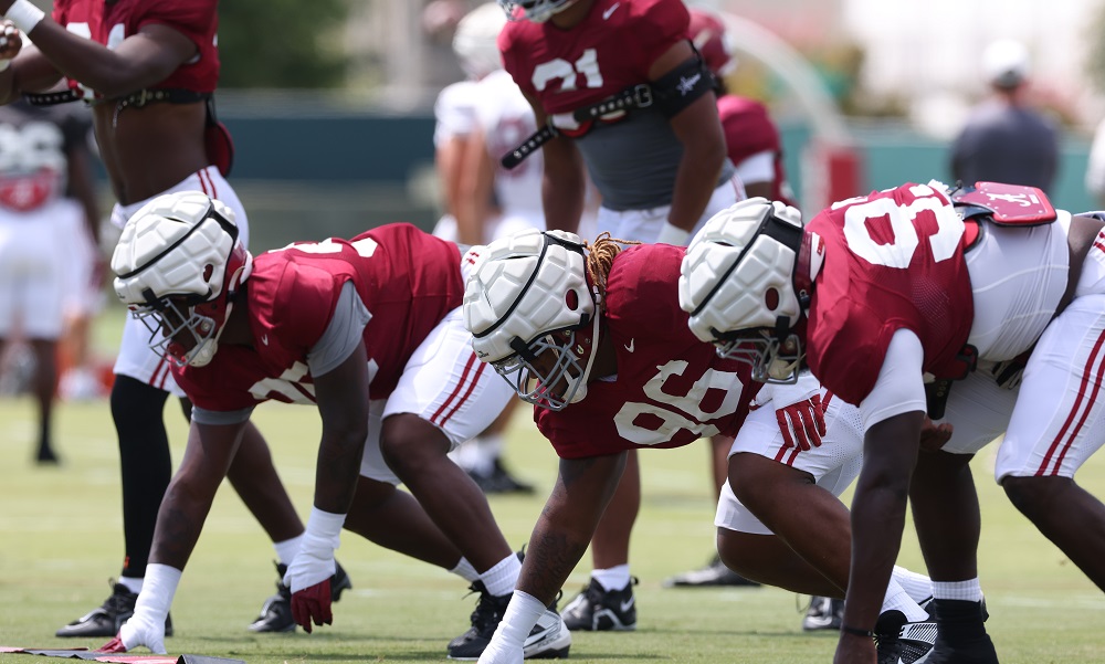 Tim Kennan III (#96) going through DL drills for Alabama in fall camp.