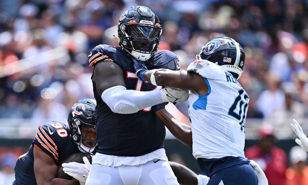 Alex Leatherwood blocks for the Chicago Bears