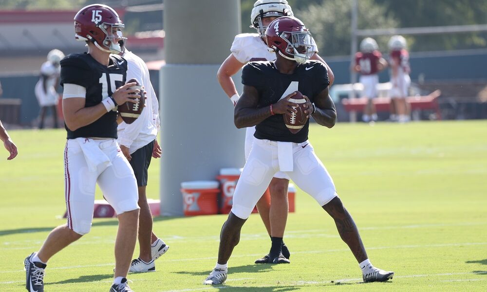 Alabama quarterbacks Jalen Milroe and Ty Simpson throw at practice