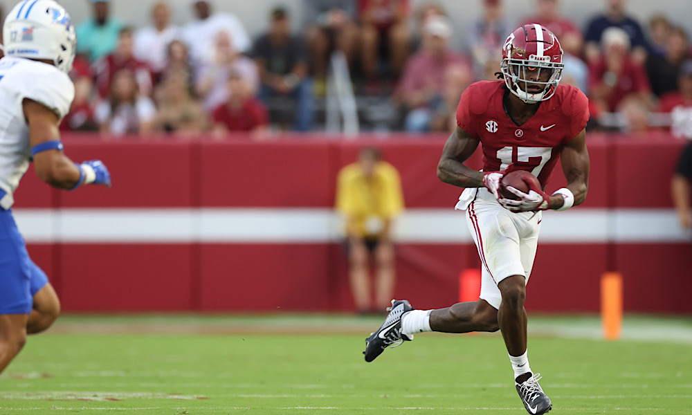 Alabama wide receiver Isaiah Bond (17) runs down the field against Middle Tennessee at Bryant-Denny Stadium in Tuscaloosa, AL on Saturday, Sep 2, 2023.