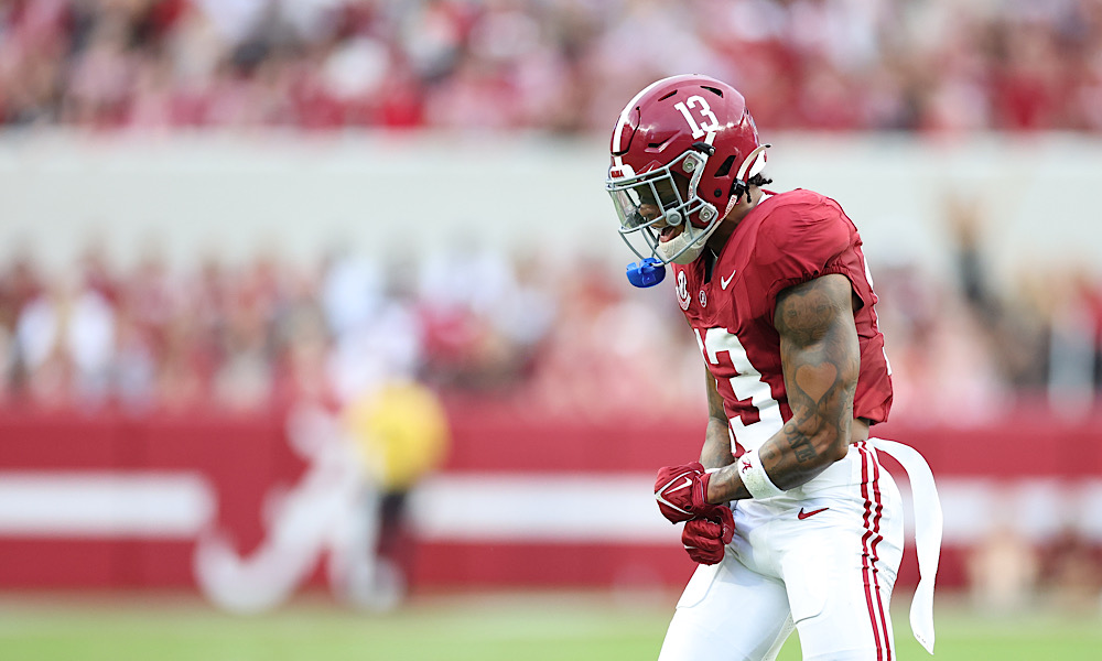 Alabama defensive back Malachi Moore celebrates a play