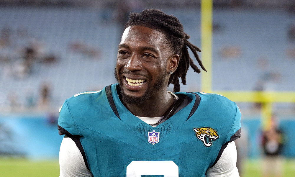 Calvin Ridley smiles while leaving the Jacksonville Jaguars preseason game