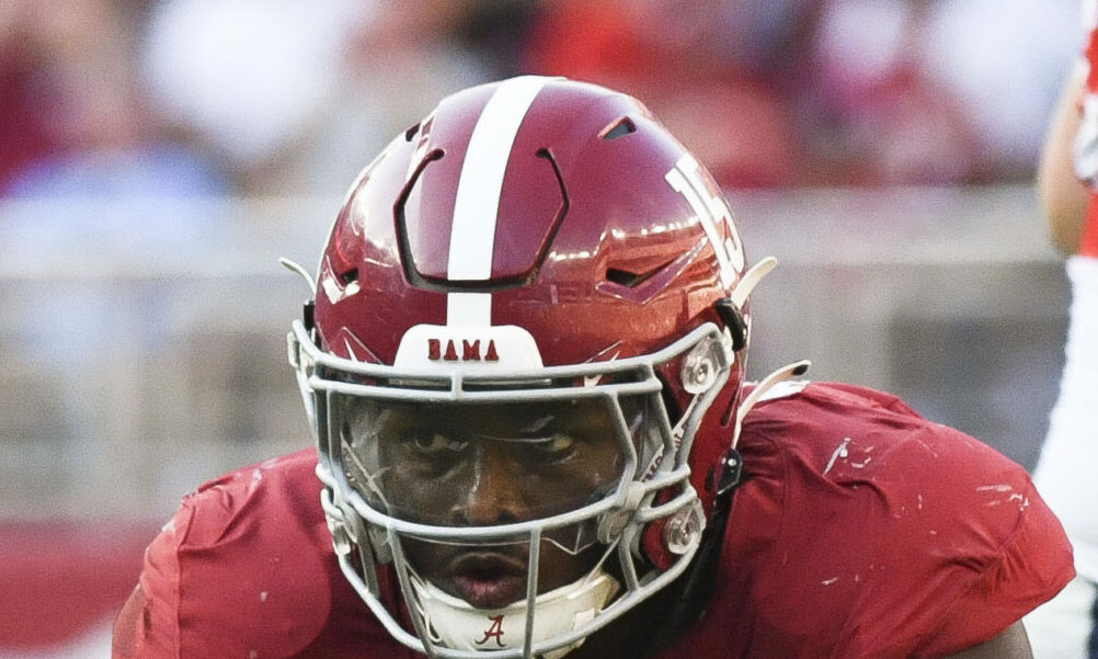 Alabama LB Dallas Turner (#15) celebrates a sack against Ole Miss.