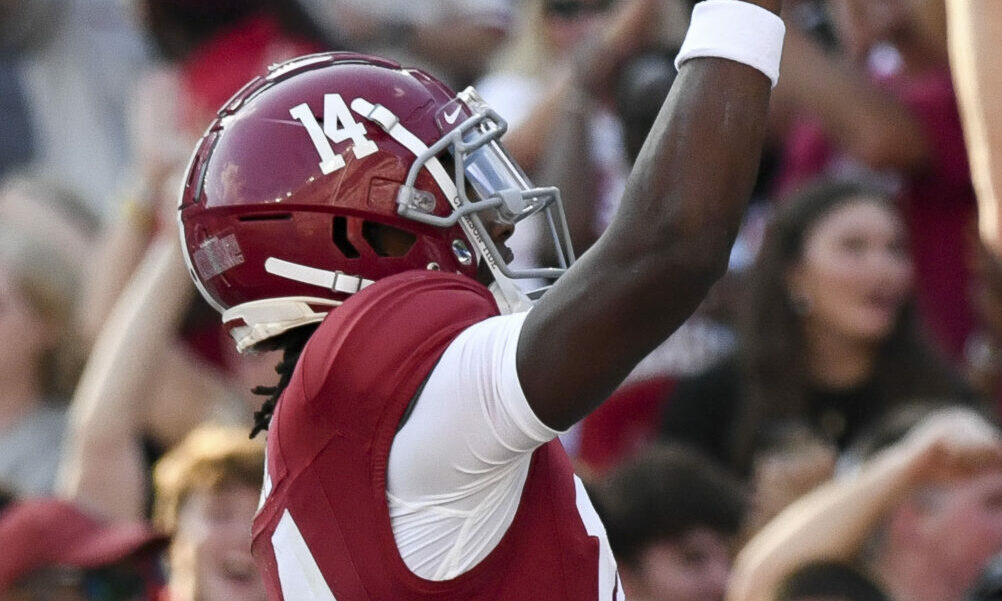 Alabama freshman WR Jalen Hale (#14) celebrates a touchdown reception against Ole Miss.