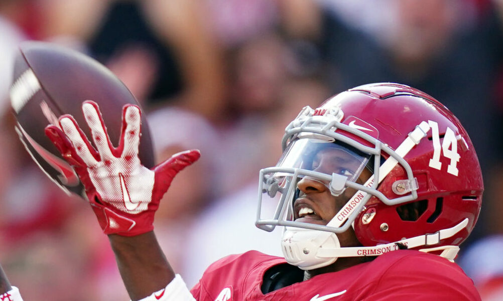 Alabama freshman WR Jalen Hale (#14) catches a touchdown pass versus Ole Miss.