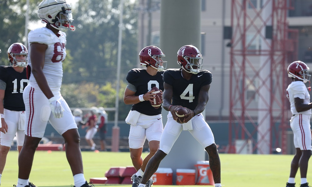 9/12/23 MFB vs Practice Alabama quarterback Tyler Buchner (8) Alabama quarterback Jalen Milroe (4) Photo by Kent Gidley