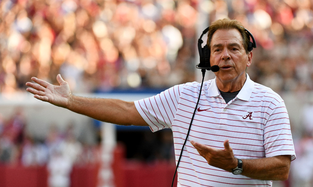 Alabama head coach Nick Saban argues a call vs Ole Miss