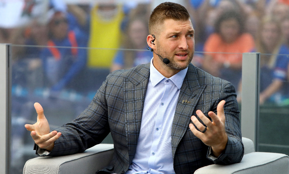 SEC Nation host Tim Tebow talks college football during the filming of the SEC Nation college football show