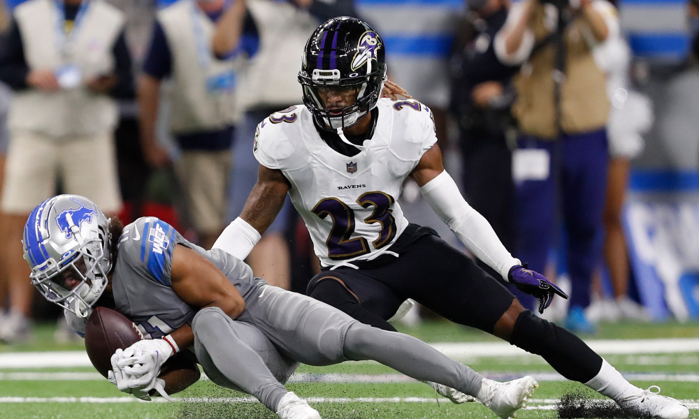 Former Alabama DB Anthony Averett makes a tackle for the Baltimore Ravens
