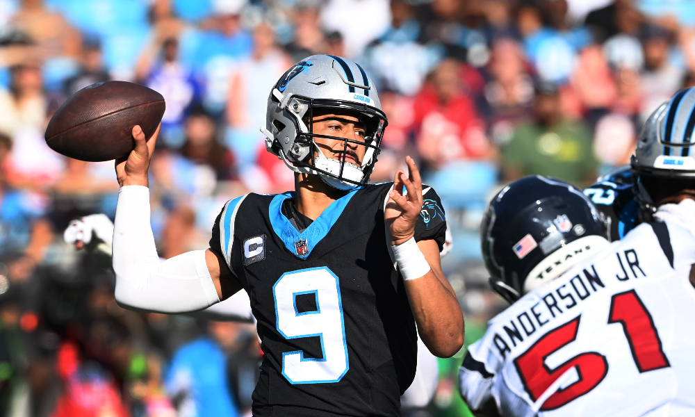 Carolina Panthers quarterback Bryce Young drops back to pass against the Houston Texans