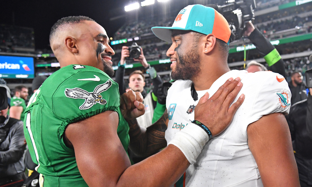 Eagles quarterback Jalen Hurts and Dolphins quarterback Tua Tagvailoa reunite after game