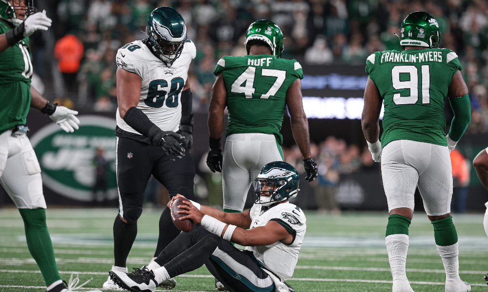 Philadelphia Eagles QB Jalen Hurts is sacked by the New York Jets